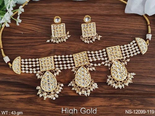 Beautiful High Gold Polish Designer Party wear Necklace Set from Manek Ratna