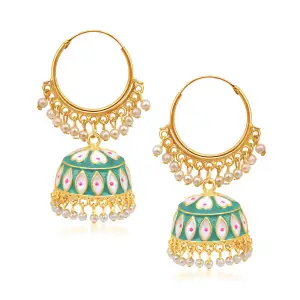 Latest Mint Green and White colour With pearl drop Ring Jhumka Earrings