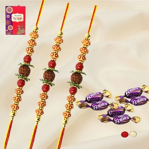 Classy 3 Rudraksha Rakhi Set with Chocolates Roli Tika n chawal