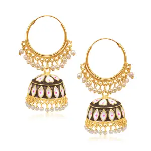 Latest Choclate Brown and White colour With pearl drop Ring Jhumka Earrings