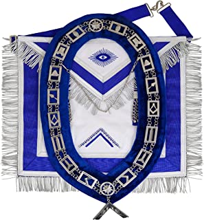 MASONIC WORSHIPFUL MASTER 100% LAMBSKIN APRON BLUE WITH CHAIN COLLAR FREE JEWEL