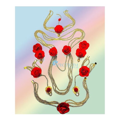 Red Flower Pearl Gota Patti Jewellery Set from Bharat Sales