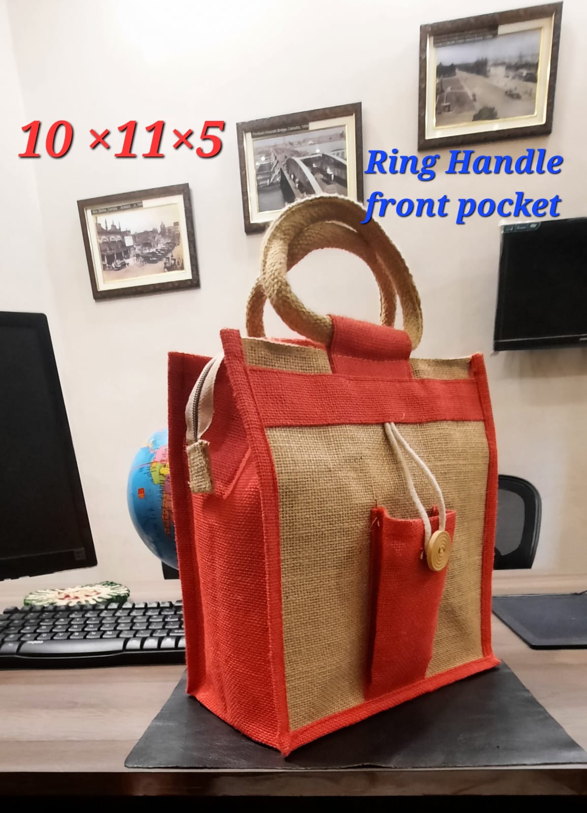 Ring handle Front Pocket Jute Bag