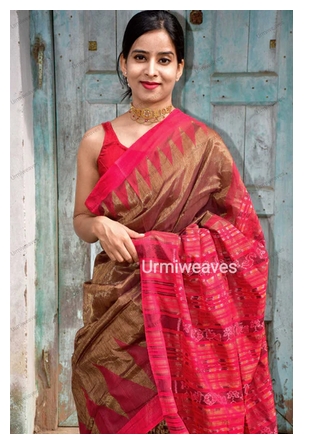 Golden Red Sambalpuri Phoda kumbha Tissue Silk plus Cotton Saree from Urmi Weaves