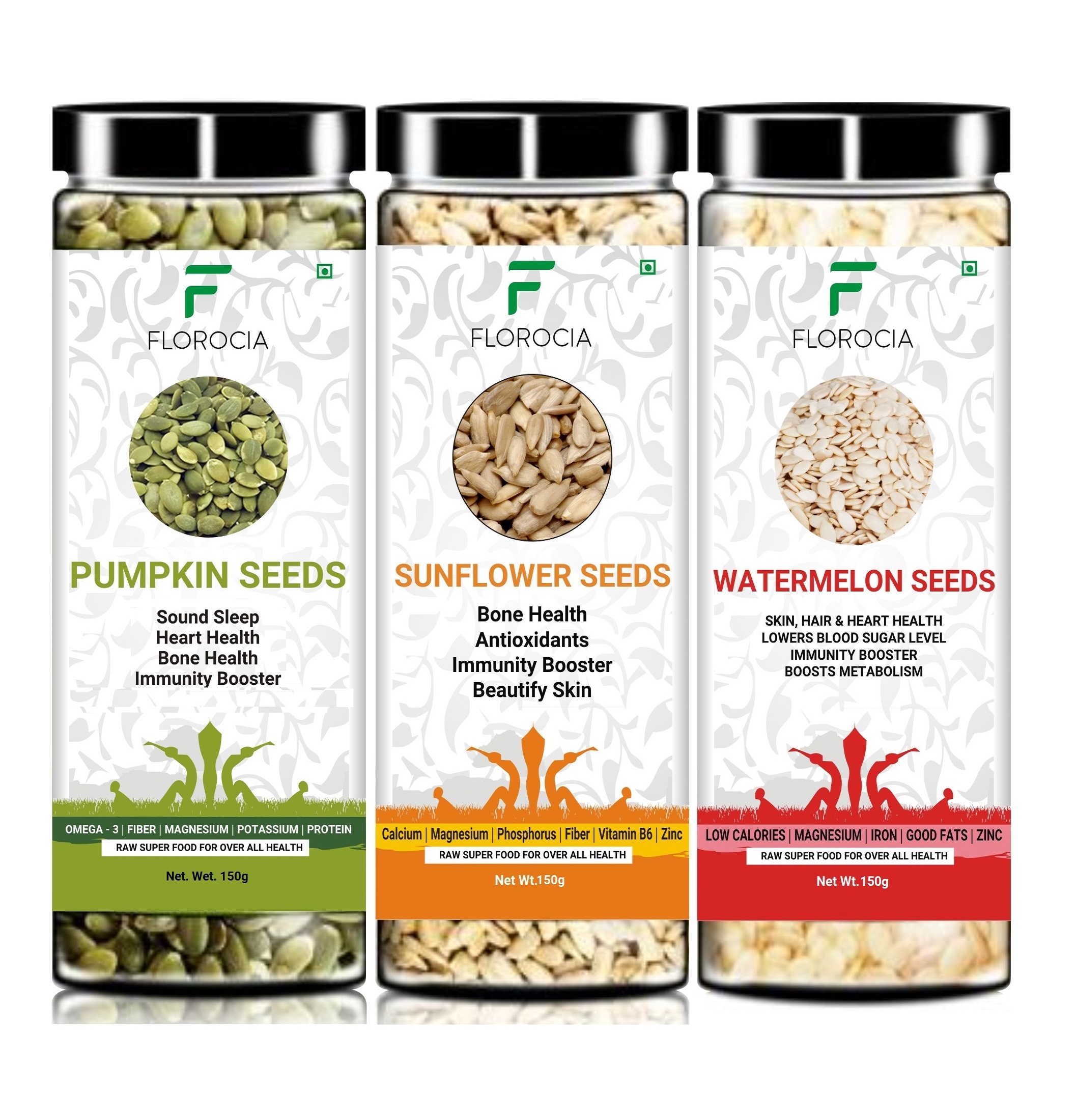 Florocia Raw Pumpkin Seeds, Sunflower & Watermelon Seeds Combo Loaded with Omega 3, Zinc, Fiber, Calcium, Protein for weight loss, Healthy Heart and Boost Immunity seed for Eating | 450g, Pack of -3 from Florocia