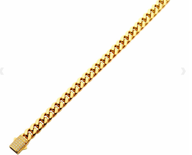 Gold Ion Plated Stainless Steel 10mm Miami Cuban Chain Bracelet with Double Tab Box Clasp from Inox Jewelry