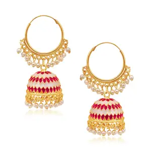 Latest Pink and White colour With pearl drop Ring Jhumka Earrings