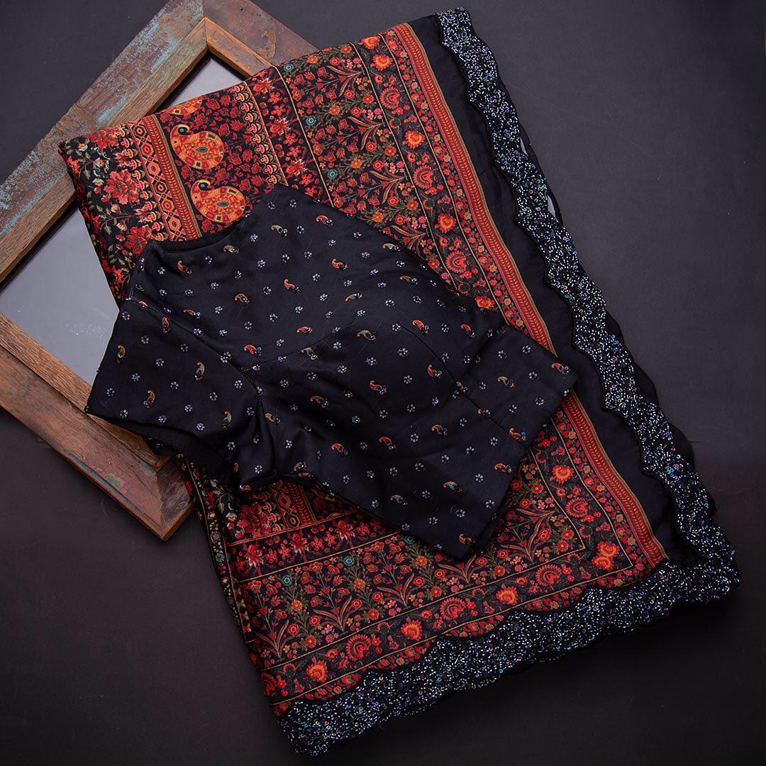 Embroidery work  printed Satin Silk  saree from Sasta bazar