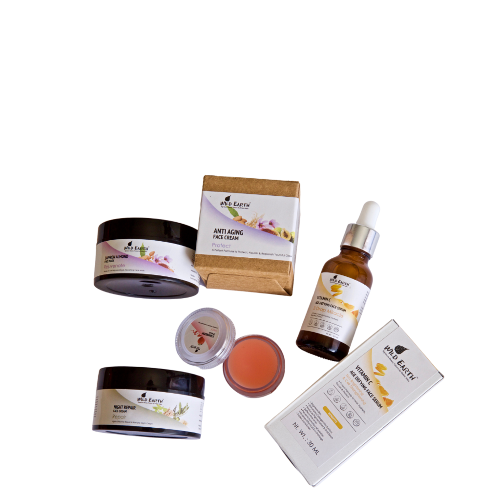 Wild Earth Complete Face Care Regime Set, handcrafted, Made for authentic, eco-certified plant ingredients | Vitamin C Face Serum - 30 ml | Saffron Almond Rejuvenating Face Mask - 50 gms | Night Repair Face Cream |Anti Aging Face Cream - 60 gms |Strawberry Lip Balm - 9 gms from PRN LIFESTYLES PVT LTD