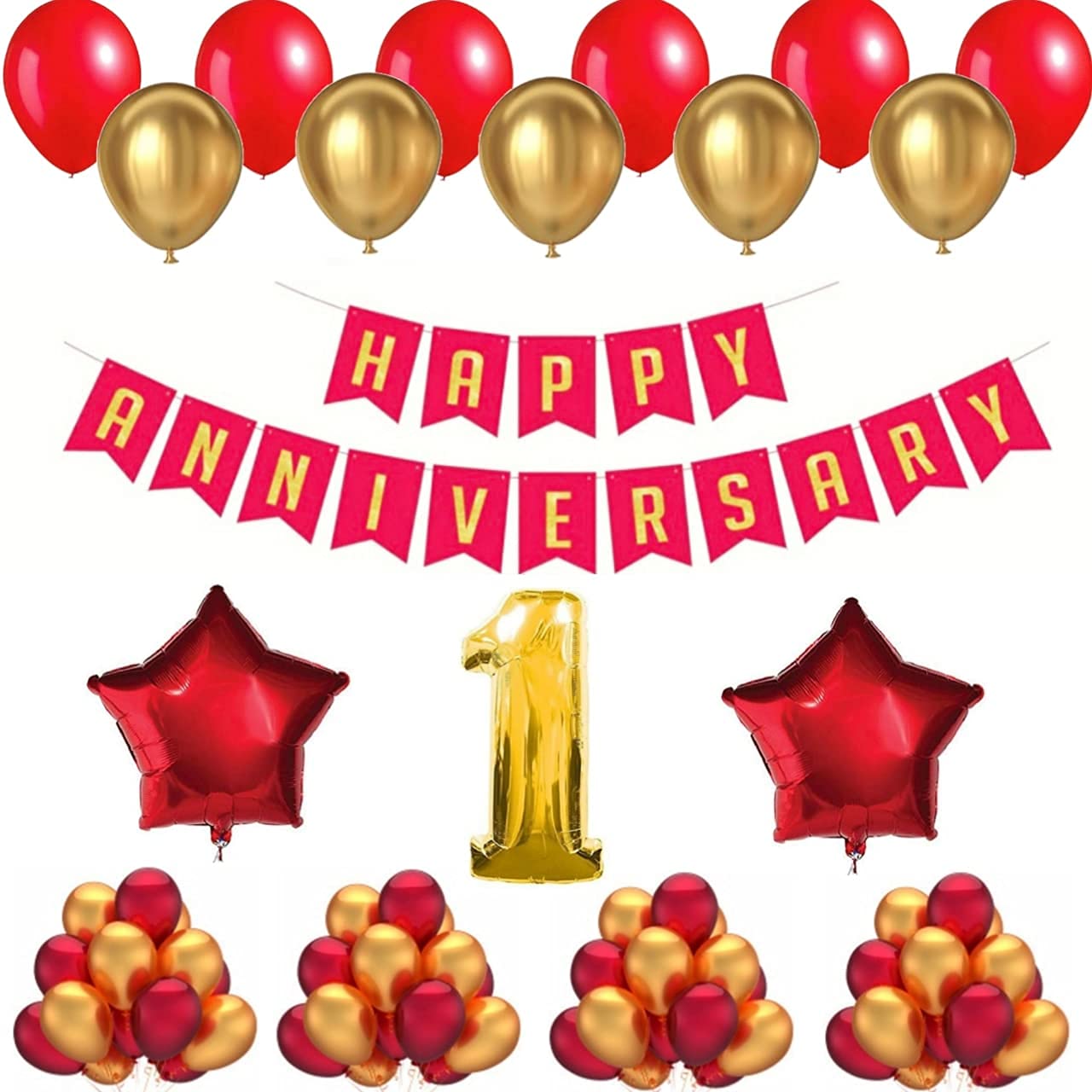 Happy Anniversary Decoration Kit - 1 Pc Happy Anniversary Banner + 50 Pcs Metallic Balloons (Red & Golden Color) + 2 Red Foil Stars + Your Anniversary Year From KriShiv Decorations