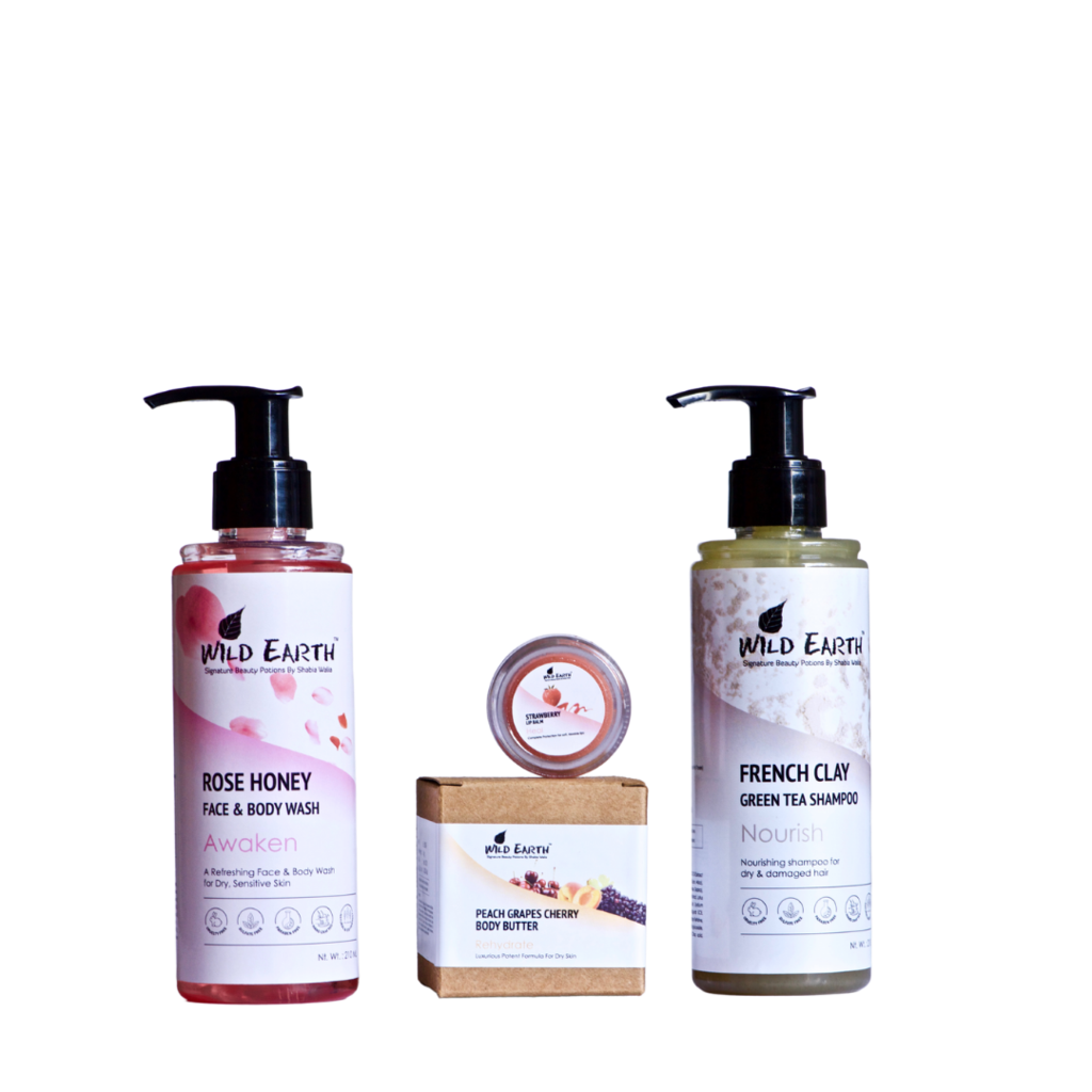 Wild Earth Body Care Set, Handcrafted, Natural, Sulphate Free & Paraben Free (210 ml Rose Honey Face & Body Wash, 210 ml French Clay Green Tea Shampoo, 60 gms Peach Grapes Cherry Body Butter, 9 gms Strawberry Lip Balm) from PRN LIFESTYLES PVT LTD