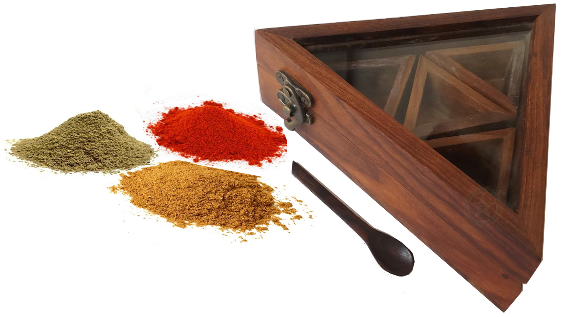 WORLD STAR INDIA Wooden Spice Box | Masala Dabba | Masala Storage with 1 spoon- (4- Containers) Home - Kitchen Decorative (Triangle Shape) Masala Dabba, Looking is Beautiful Antique Gift Item Birthday Gift for Mom from World Star India