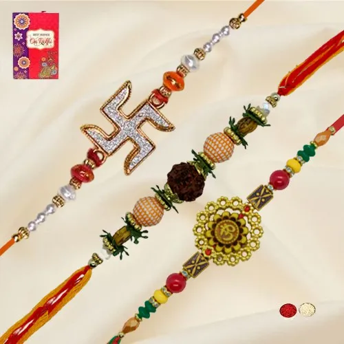 Auspicious Trio of OM Swastik N Rudraksha Rakhi