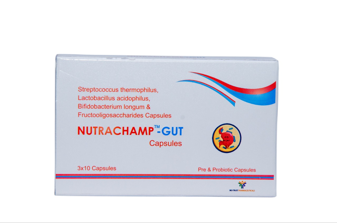 NUTRACHAMP GUT || Streptococcus thermophilus 15 billion spores,  Lactobacillus acidophilus 15 billion spores,  Bifidobacterium longum 15 billion spores,  Furcto oligosaccharides 100 mg