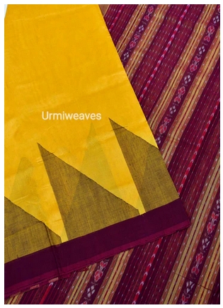 Yellow Maroon Sambalpuri Phoda kumbha Tissue Silk plus Cotton Saree from Urmi Weaves