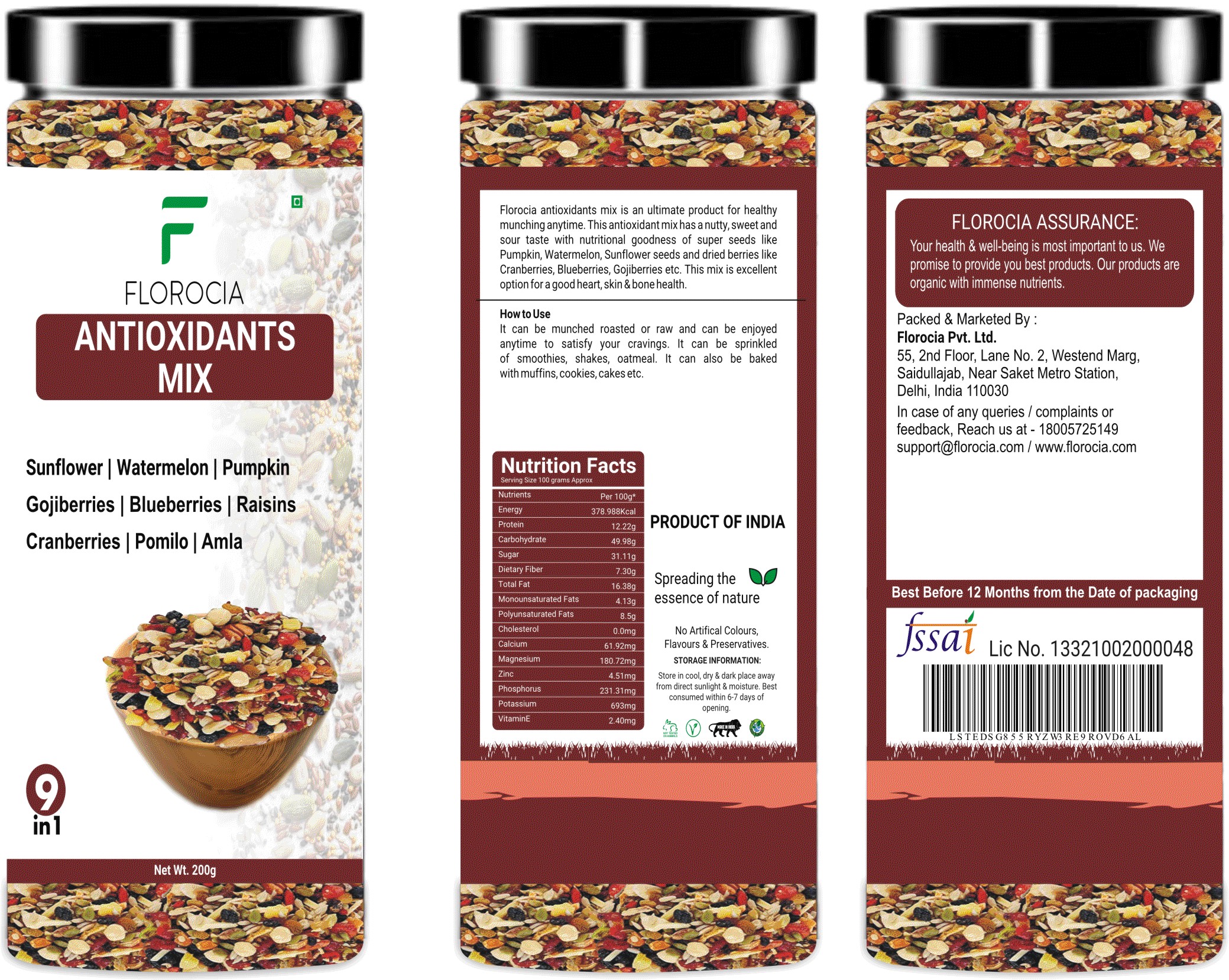 FLOROCIA Florocia Antioxidants Mix| pack of super Seeds-| Pumpkin+Sunflower+Watermelon| Dried Berries- | Blue+Crane+Goji+Raisins+Amla+pomilo|-200g  from Florocia