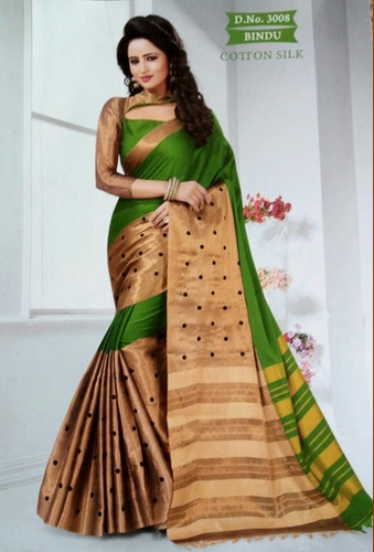 Bindu Green And Golden Dot Printed Cotton Saree from Manasa Handloom & Textiles