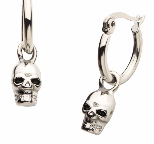 Silver Stainless Steel Polish Finish Skull Dangle Drop Earrings from Inox Jewelry