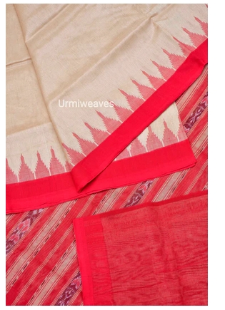Cream Silver Sambalpuri Phoda kumbha Tissue Silk plus Cotton Saree from Urmi Weaves