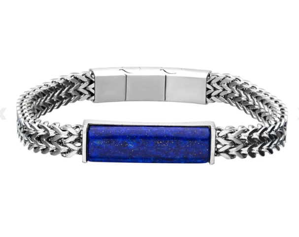 Silver Stainless Steel with Lapis Stone ID Tag Double Franco Chain Bracelet from Inox Jewelry