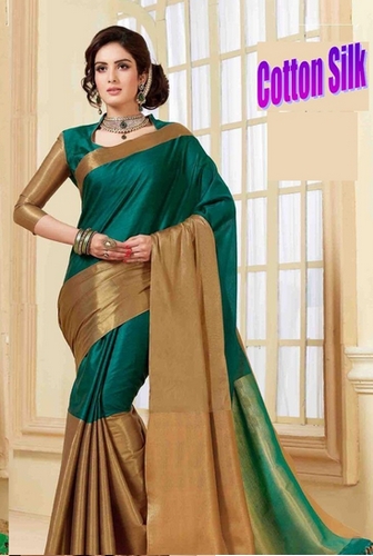 Dark Green And Golden Color Cotton Silk Saree