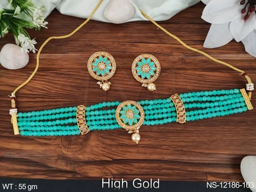 Antique Jewelry High Gold Polish Fancy Style Party Wear Choker Style Antique Beaded Necklace Set from Manek Ratna