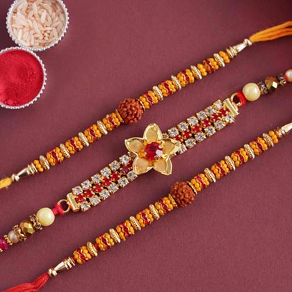 Stone and Rudraksha Rakhi Set of Three from Send Rakhi worldwide