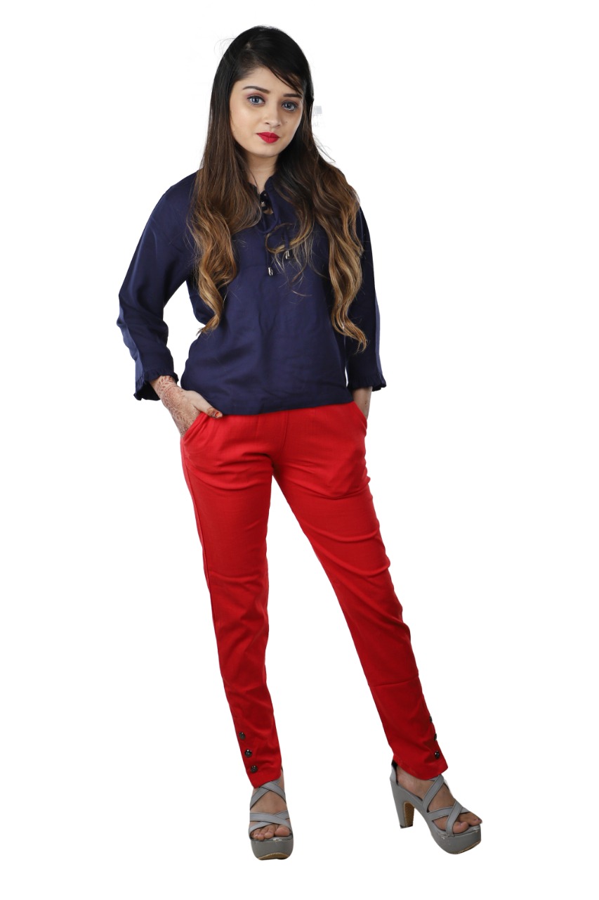 Plain Ladies Red Cotton Stretchable Pant from Riddhi Dry Fruits