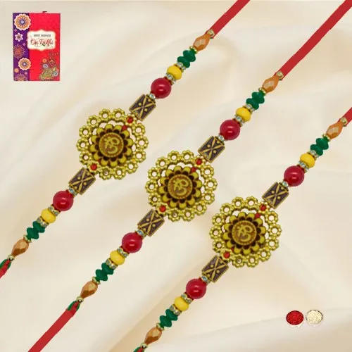  Graceful Set of 3 Om Rakhi  with a free Rakhi Card n Roli Tilak and Chawal