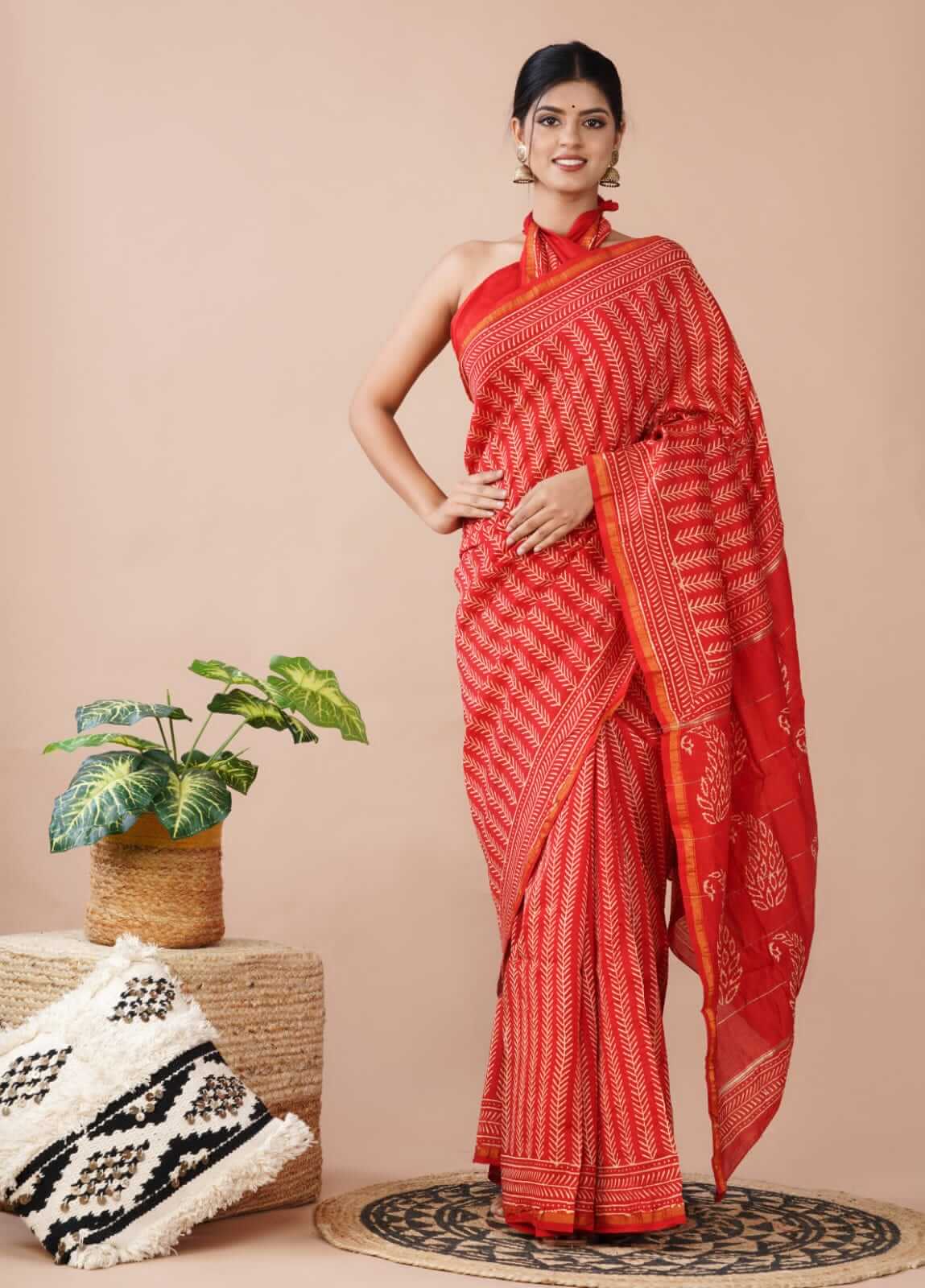 Ikkat Print Cotton Saree || Red Block Cotton Saree from FabricKart