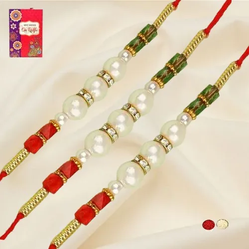 Amazing Set of 3 Pearl Rakhis that also includes with free Roli Tilak, Chawal 