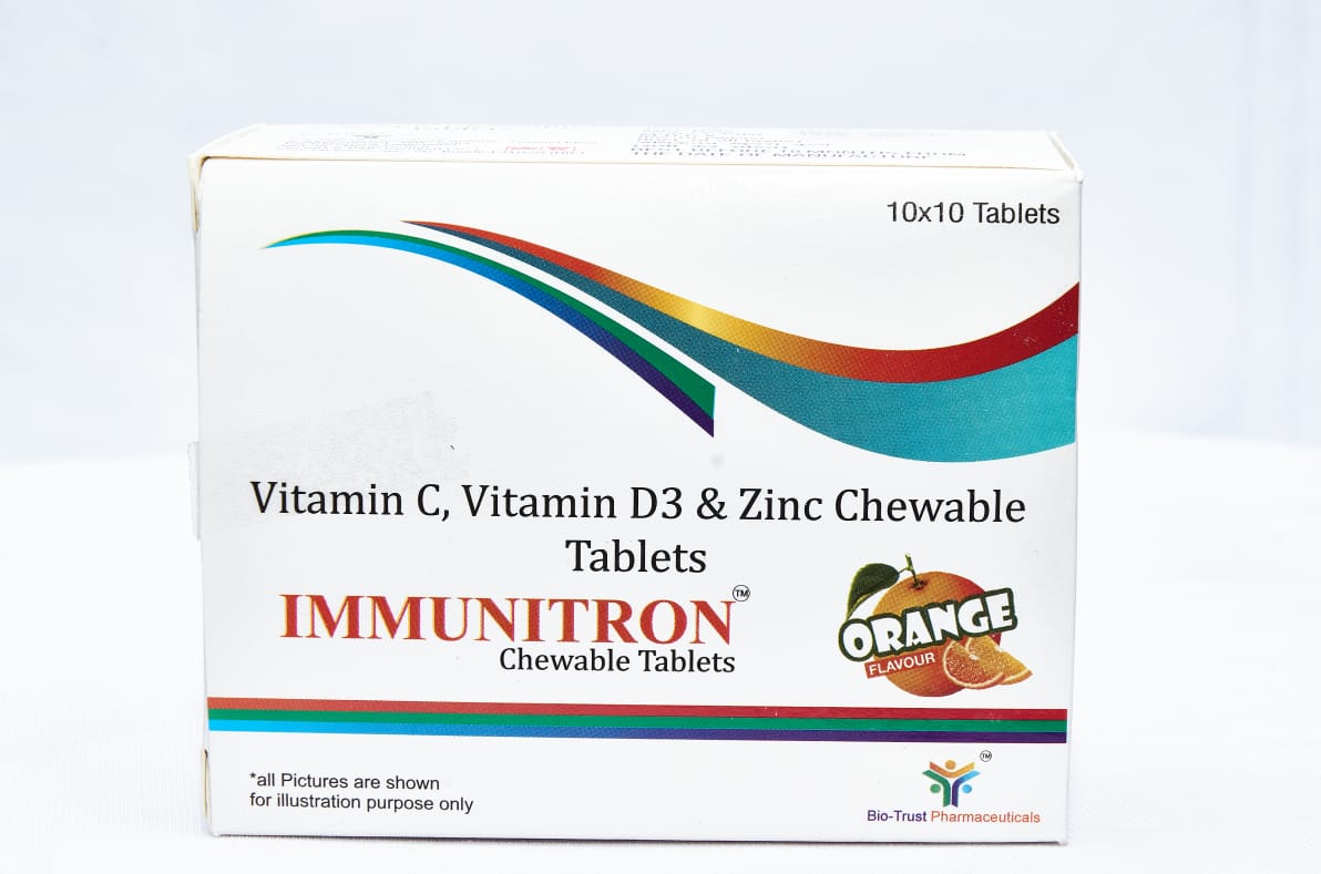 IMMUNITRON - Chewable Tablets  || Vitamin C (Amla Ext.) 500 mg , Vit. D3 (animal source )1000 iu ,Zinc 12 mg ,Excipients q. s. ,10 x 10 Tablets from Bio Trust Pharmaceuticals